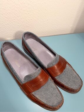 Cole Haan Gray Fabric and Brown Leather Penny Loafers